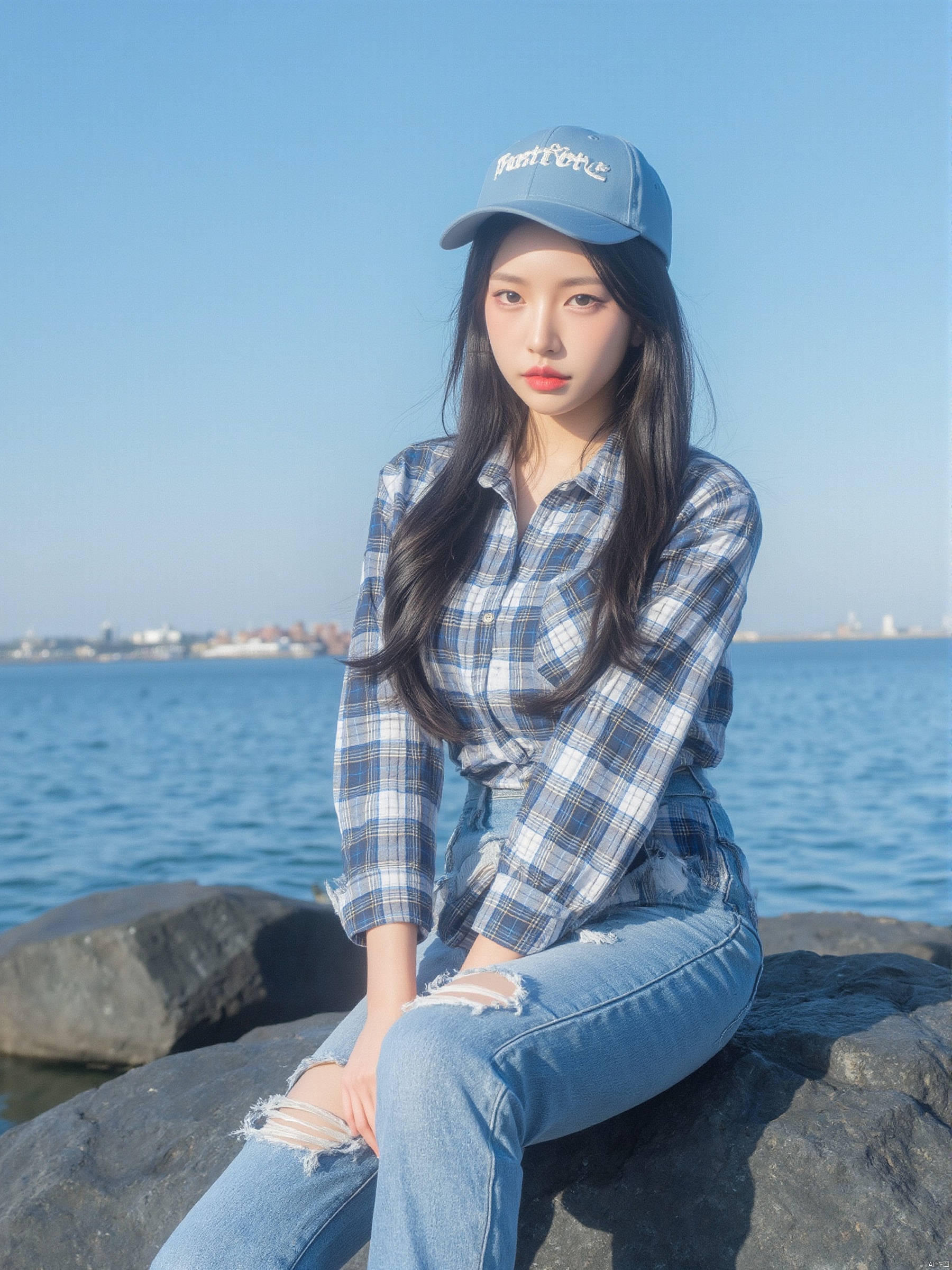 Close to a young Asian woman, is seated on a large black rock. She is adorned with a blue and white plaid shirt. The woman's hair is long, dark brown, and she's wearing a blue baseball cap. The backdrop of the image is a body of water, with a clear blue sky above.