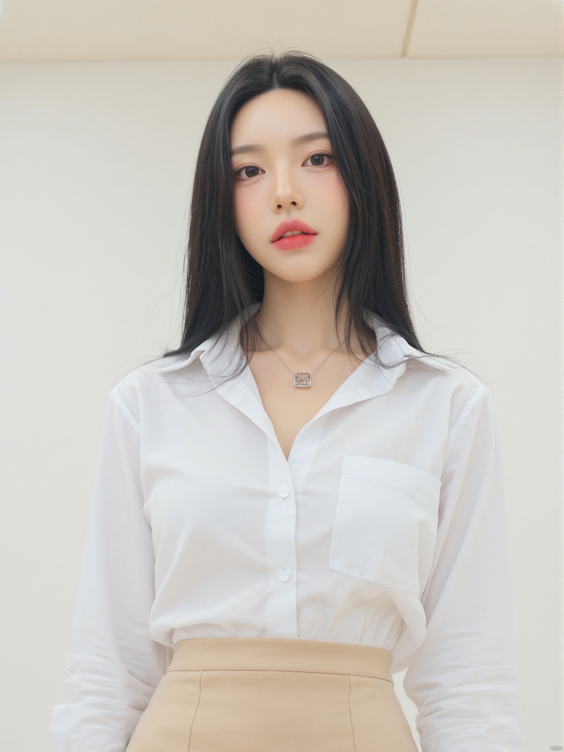 a medium-sized Asian woman with long, straight black hair, wearing a white button-down long-sleeved shirt and a tan skirt. She is wearing a silver necklace with a square pendant. Her lips are painted a vibrant pink, adding a pop of color to her face. Her eyes are a piercing blue, and her eyelashes are a darker shade of brown. The woman's hair is pulled back, framing her face and cascades over her shoulders. The backdrop is a stark white wall, with a beige ceiling.