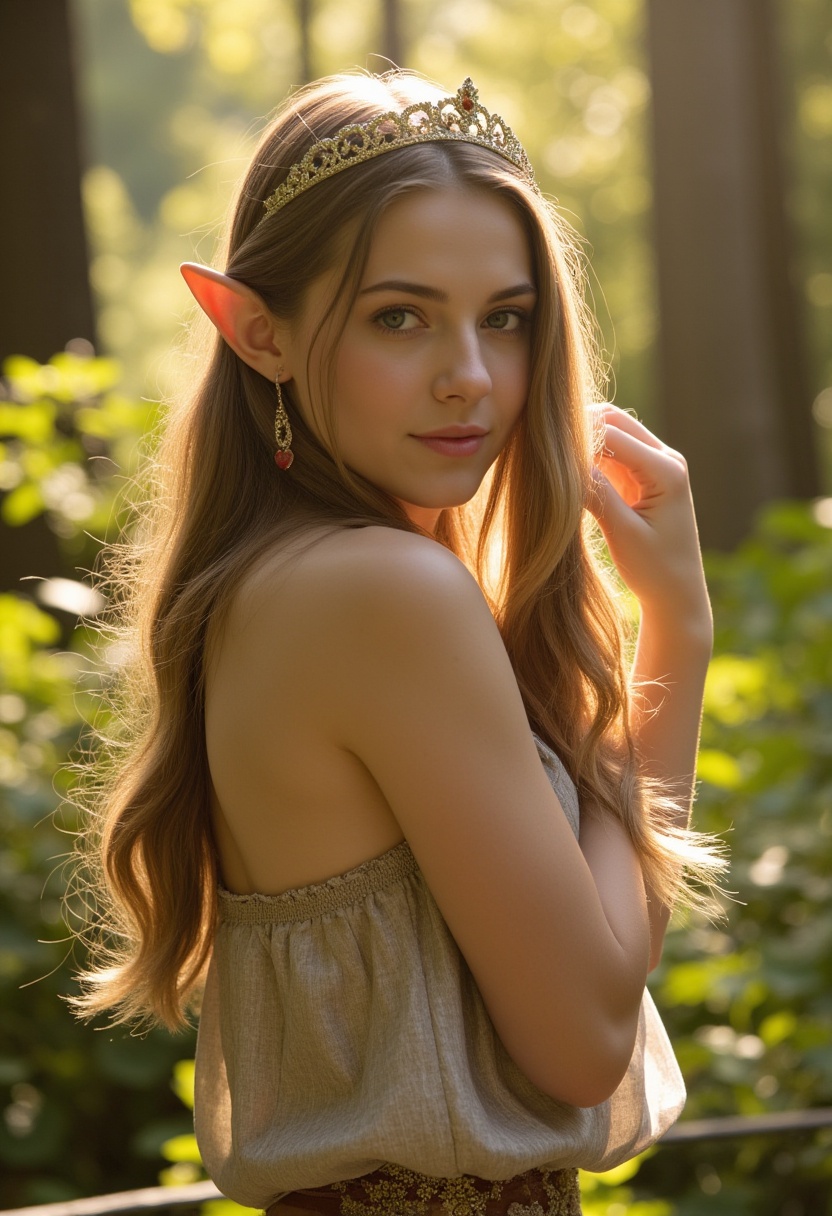 Extreme photorealistic depiction of a Serene young elven princess under soft sunlight,  A graceful,  fantasy character wit...