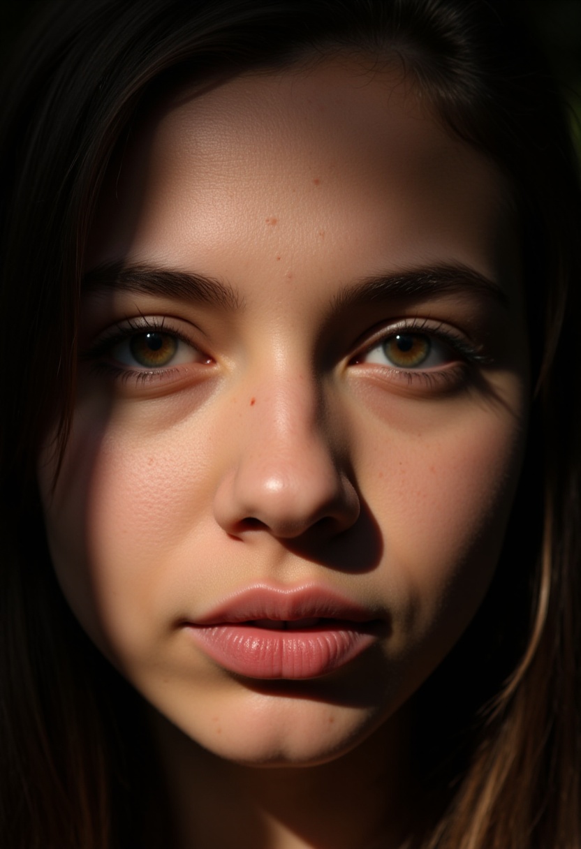 A close-up of a girl with brown hair and piercings. Her lips are parted,  and the sunlight creates contrast with the dark...