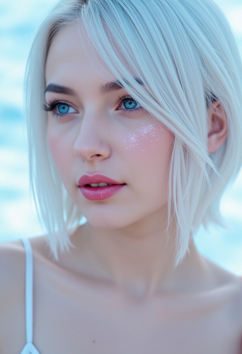 A hyper-realistic close-up of a short haired woman with icy white hair with hair over one eye,  and pale,  flawless skin....