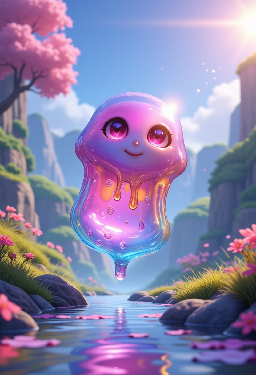 A stunning digital artwork featuring a gradient-colored,  see-through slime creature floating in mid-air. The slime has la...