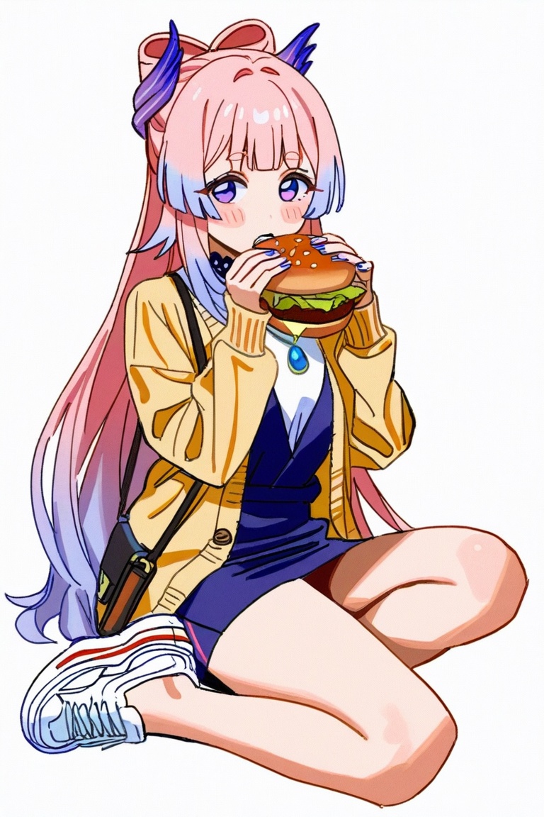shiren \(ourboy83\), mogutofuoes, (ixy:0.5), starshadowmagic, yun_(dl2n5c7kbh8ihcx), le21day,
illustration artwork, best quality, masterpiece, very aesthetic,
1girl, sangonomiya kokomi, solo, pink hair, long hair, bow-shaped hair, holding, food, handbag, bangs, white footwear, multicolored hair, sitting, blush, very long hair, bag, holding food, white background, purple eyes, full body, burger, long sleeves, blue hair, dress, shoes, looking at viewer, alternate costume, blunt bangs, simple background, skirt, jacket, necklace, jewelry, gradient hair, hair ornament, signature, cardigan, hairband
