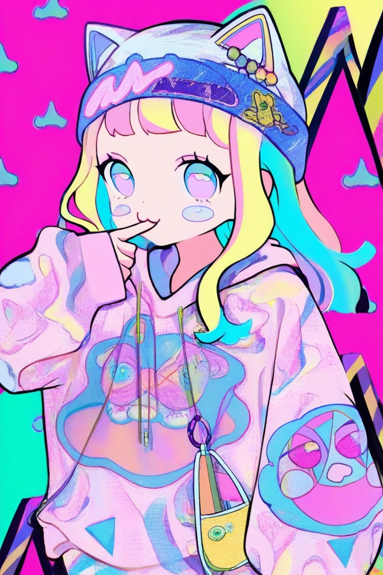 1girl, pastel colors,colorful, youthful designs,fashionable,streetwear style,urban clothing,casual accessories,edgy designs,intricate clothes,fashion cat ear cap,oversized clothes,graphic prints,:3,Cat's Mouth,street graffiti,,masterpiece,best quality,amazing quality,very aesthetic,absurdres,newest
