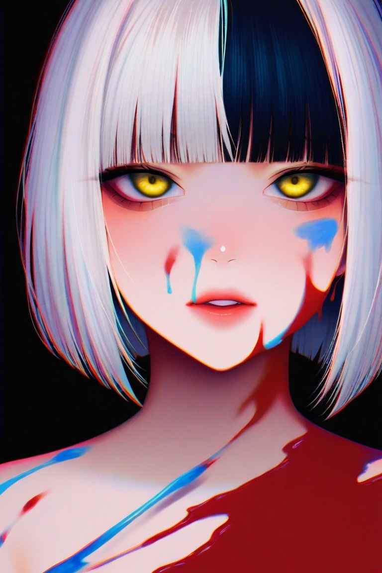 1girl, solo, portrait, looking at viewer, short hair, bangs, simple background, black hair, yellow eyes, white hair, multicolored hair, parted lips, blunt bangs, blood, bob cut, black background, chromatic aberration, paint splatter, paint, paint splatter on face, amazing quality, by YoneyamaMai
