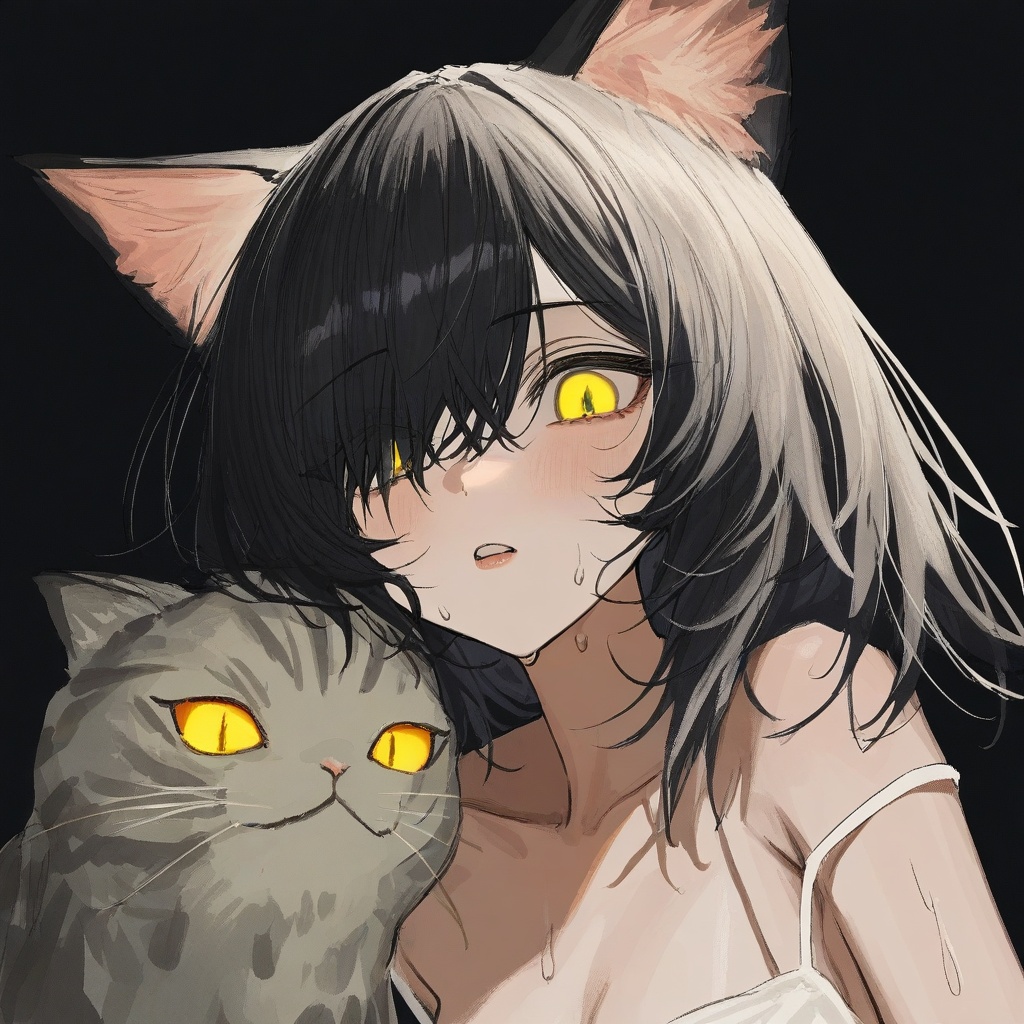1girl, solo, catgirl,  (open mouth:0.4), cat ears, short_hair, hair over one eyes, black hair, detailed lips, golden eyes, cat eyes, slit pupil, glowing eyes, white camisole, black background, simple background, sweat, best quality, amazing quality, very aesthetic, demonic creature, (rella:0.2),  (mika pikazo:0.907), (cogecha:0.907), (rei\(sanbonzakura\):0.907), shion\(mirudakemann\), ryou\(ryoutarou\)