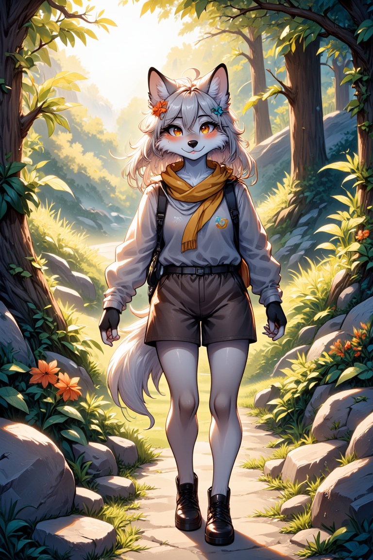 In a vibrant sun-dappled forest,  an anthro wolf furry girl,  clad in a snug on Tensor.Art