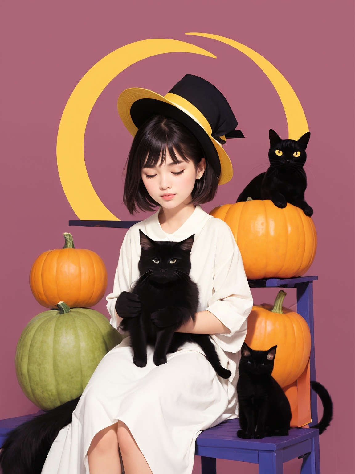 An animated image of a girl and a black cat. The girl is sitting on top of a large pumpkin. The pumpkin is decorated with...