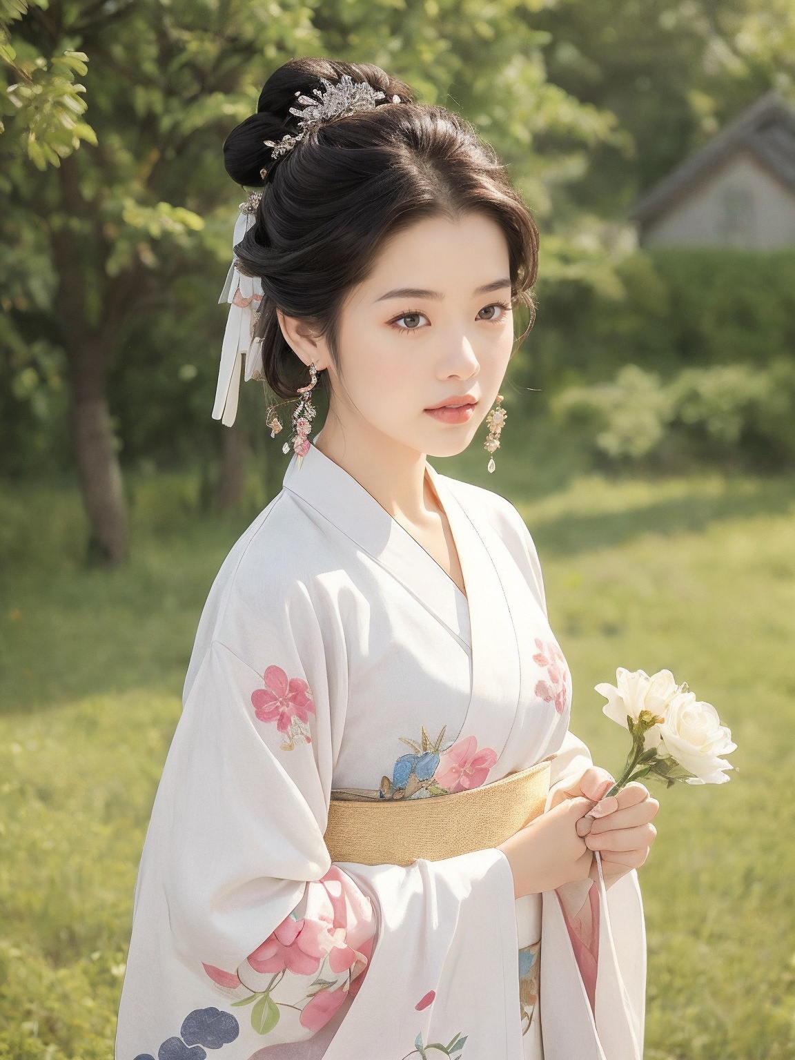 a young Asian woman,  dressed in a white kimono,  is holding a pink flower in her left hand. Her hair is styled in a low b...