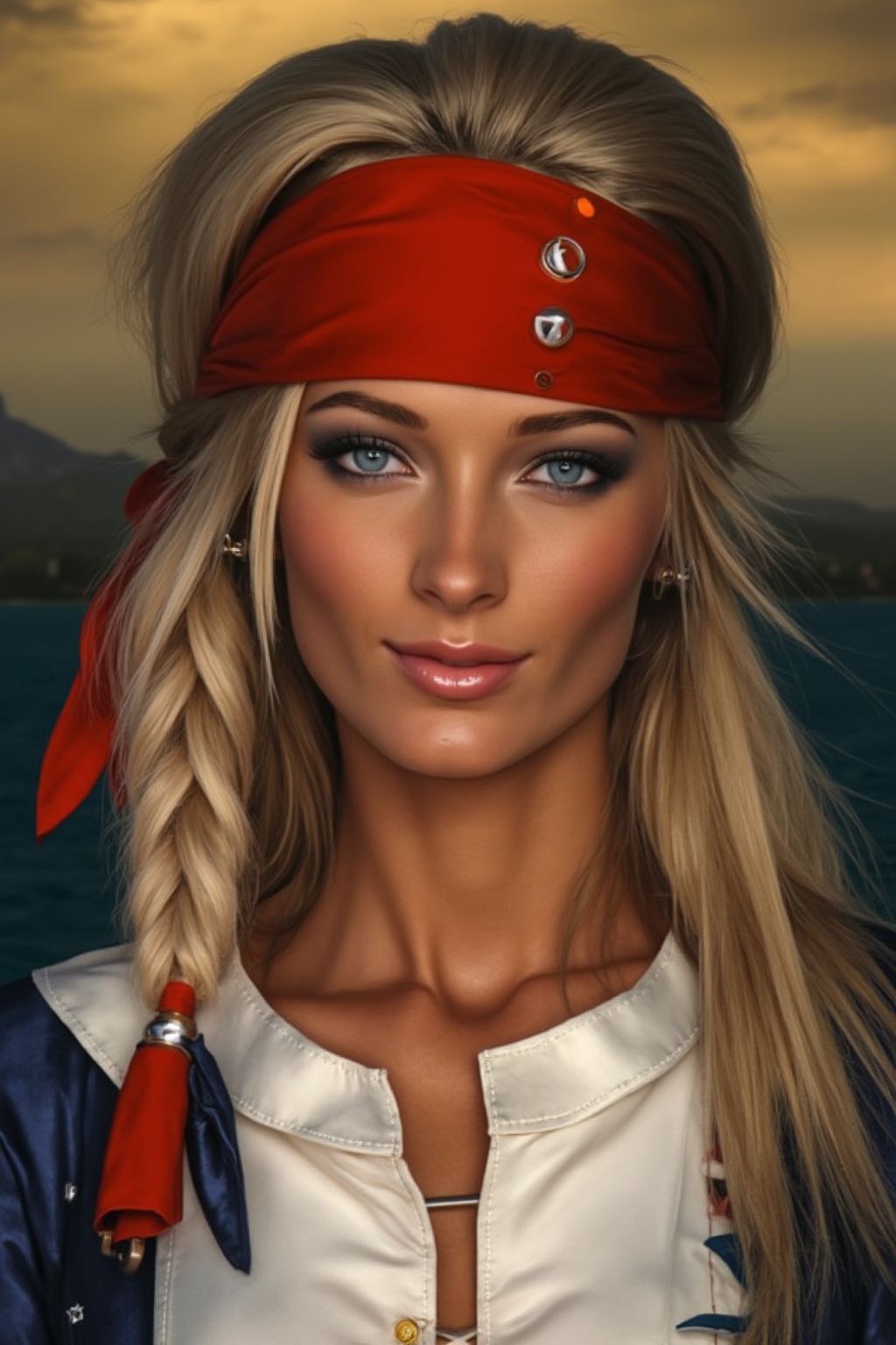 a close-up portrait of a female pirate with long blonde hair and a red bandana tied around her head. She is wearing a whit...