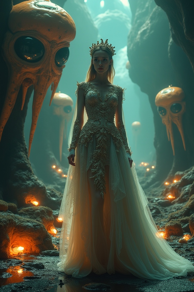 A regal woman in a flowing,  ethereal dress stands in a surreal,  otherworldly setting. The scene is framed in a medium sh...