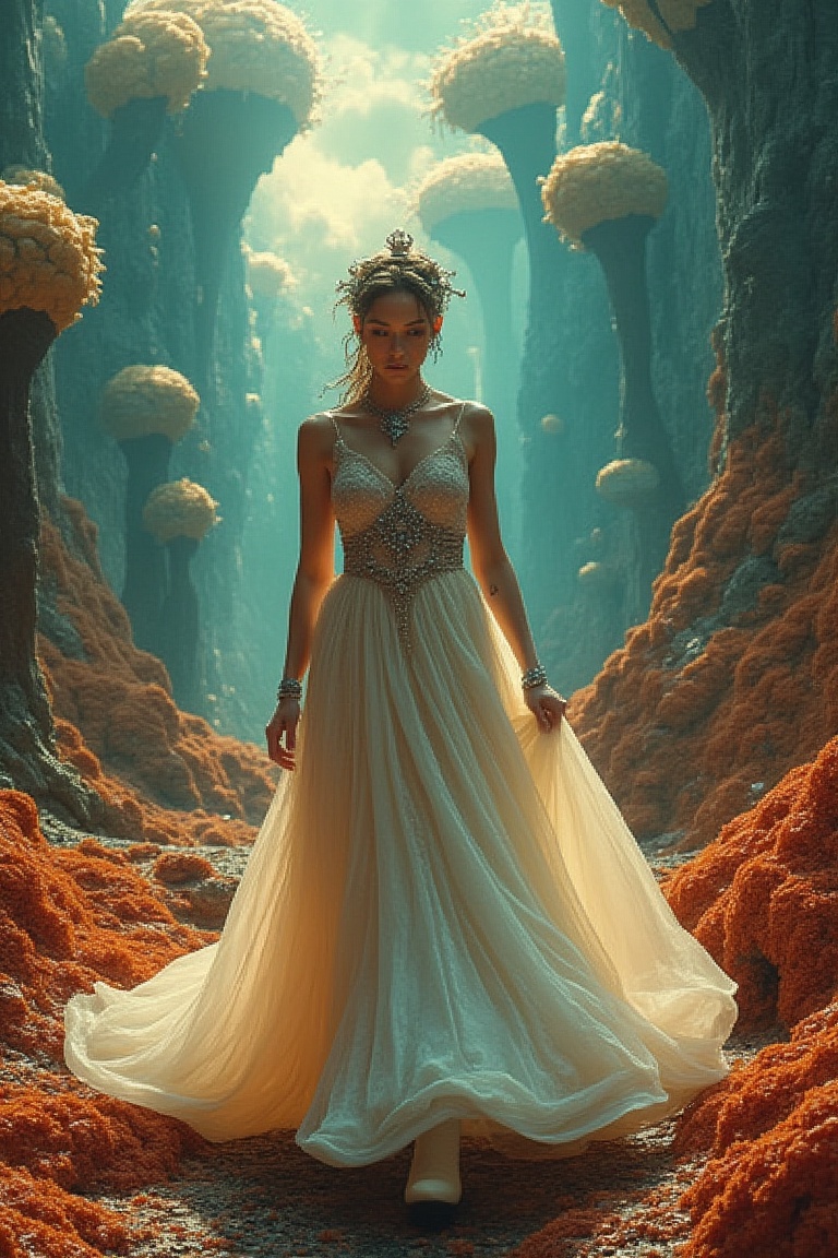 A regal woman in a flowing,  ethereal dress walks gracefully on a weird,  alien planet. The scene is framed in a wide shot...