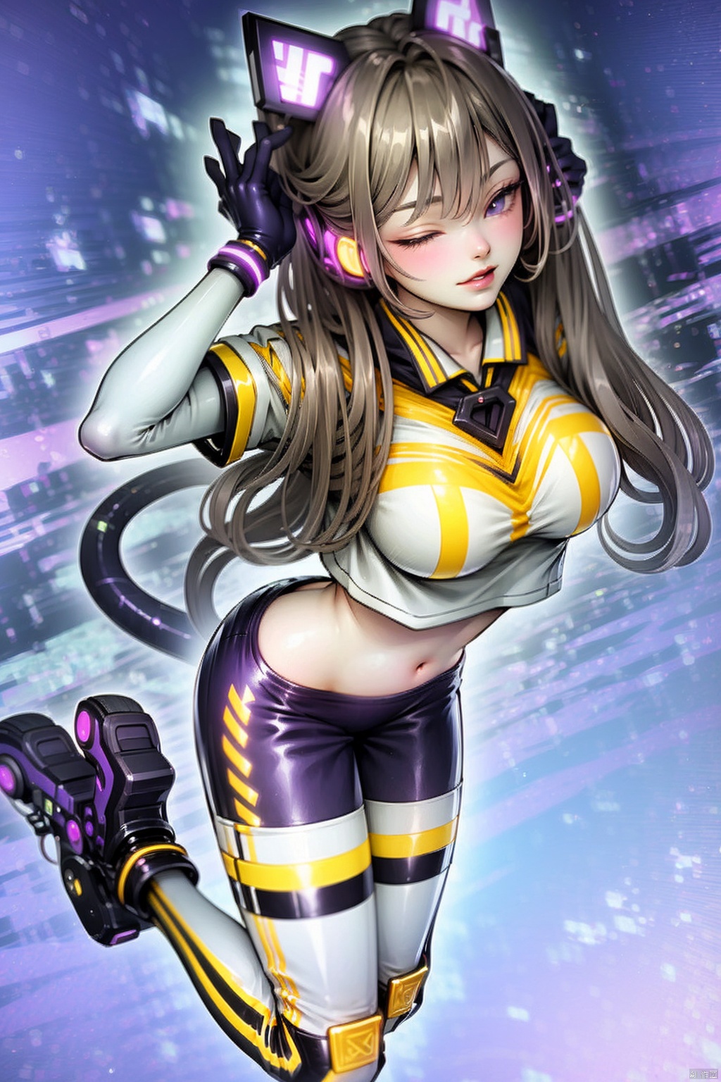 1girl
solo
long hair
breasts
looking at viewer
smile
open mouth
bangs
brown hair
shirt
gloves
navel
twintails
medium breasts
jacket
tail
full body
short sleeves
grey hair
one eye closed
midriff
shiny
pants
crop top
see-through
mask
fake animal ears
headphones
shiny clothes
fake tail
purple shirt
purple gloves
tight
duel monster
tight pants
skates
purple pants
abstract background
earpiece
roller skates
multicolored shirt
inline skates
cat mask

