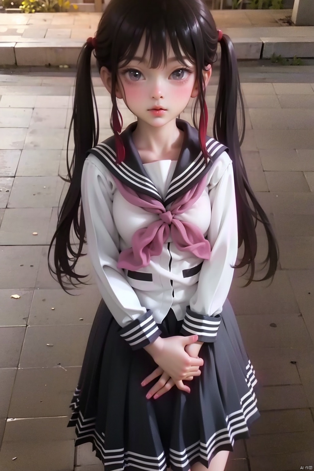 1girl
solo
long hair
looking at viewer
skirt
black hair
hair ornament
twintails
school uniform
serafuku
own hands together
realistic



