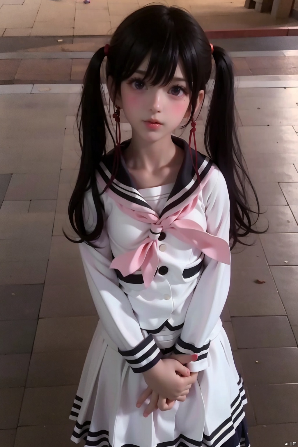 1girl
solo
long hair
looking at viewer
skirt
black hair
hair ornament
twintails
school uniform
serafuku
own hands together
realistic


