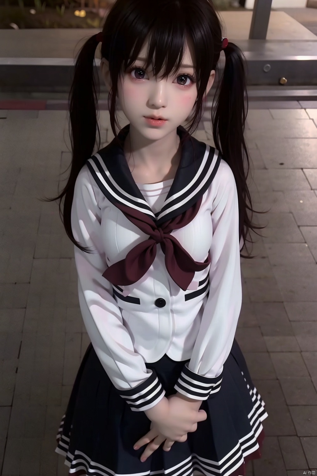 1girl
solo
long hair
looking at viewer
skirt
black hair
hair ornament
twintails
school uniform
serafuku
own hands together
realistic


