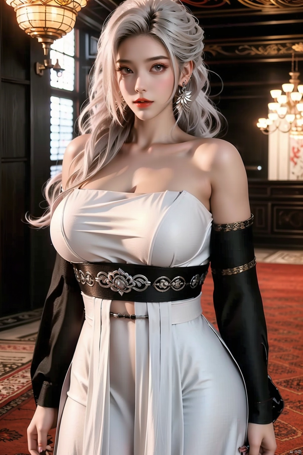 1girl
solo
long hair
breasts
looking at viewer
dress
bare shoulders
jewelry
white hair
earrings
belt
black dress
forehead mark
red lips


