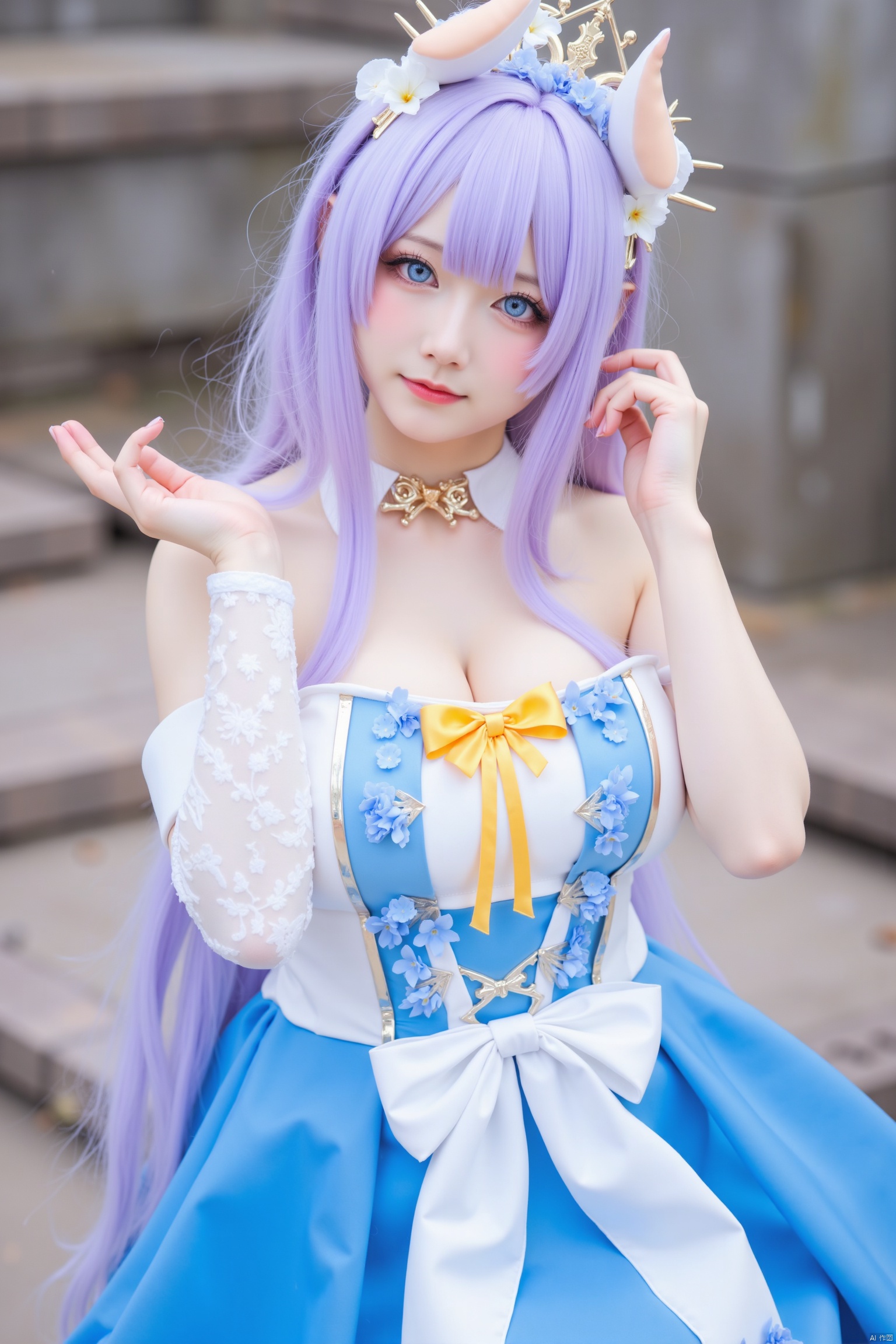 A cosplay girl wearing a blue and white dress. The dress is adorned with a yellow bow and blue flowers. She has long light purple hair and a crown on her head. The background is blurred.