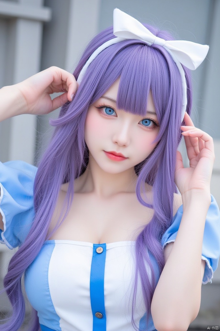 A young Asian woman with long, wavy purple hair, wearing a white bow, adorned with a white ribbon. She is wearing a short-sleeved blue and white dress with a blue stripe down the front, adding a pop of color to her outfit. Her eyes are a piercing blue, and her lips are a lighter shade of pink. Her hands are raised, adding texture to the scene. The backdrop is blurred, with a gray building in the background.
