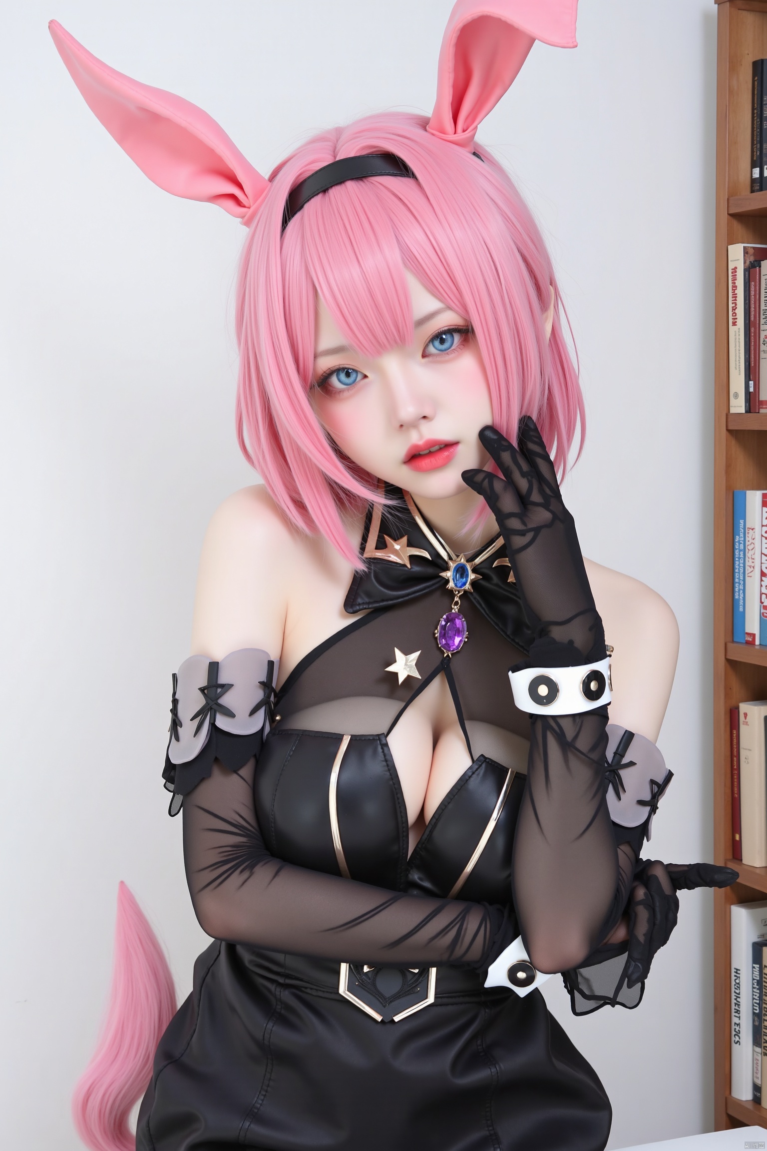 a realistic girl dressed in a black and white costume, adorned with a white collar and a black belt. Her hair is a vibrant shade of pink, adding a pop of color to the scene. Her eyes are a piercing blue, and her lips are a bright pink. Her eyebrows are a darker shade of black, adding depth to the composition. She is wearing a pair of pointed ears, a matching pink tail, and a matching black shirt with white trim. The shirt has a black collar with white buttons and a white belt. The woman's left hand is resting on her chin, while her right hand rests on her left hand. She stands in front of a white wall, with a bookshelf on the right side of the frame.