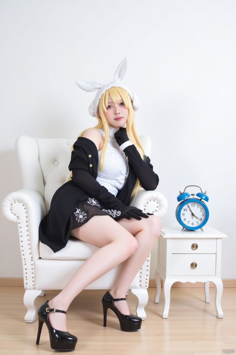 a cosplay woman dressed in a white dress and black skirt is seated on a white chair. She is wearing a white headband, a white shirt, and a black jacket. Her blonde hair is tied back in a ponytail, and she's wearing black high-heeled shoes. The chair she's sitting on is adorned with a white embroidery design. To the right of her, a small white table with a blue clock on it is positioned against a white wall.


