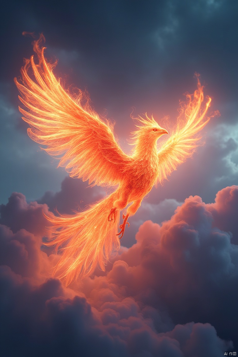 A majestic, transparent fire phoenix soaring through a celestial sky, its body composed of intricate, glowing flames. The phoenix is framed mid-flight, with its wings outstretched, creating a dynamic composition. The transparent flames emit a soft, radiant light, casting ethereal shadows on the surrounding clouds. The background features a gradient of deep blues and purples, emphasizing the otherworldly atmosphere. The scene is illuminated by a gentle, ambient glow, highlighting the delicate, fiery details of the phoenix.