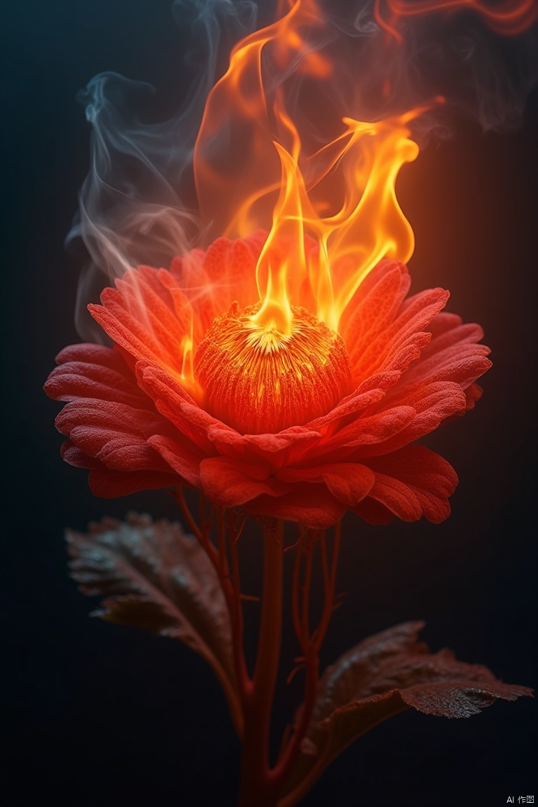 A vibrant, flame-textured flower surrounded by transparent flames, set against a dark, ethereal background. The flower is intricately detailed, with glowing embers and wisps of smoke. The transparent flames dance around it, creating a mesmerizing, otherworldly aura. The scene is framed with a close-up view, capturing the intricate details of the flower and flames. Soft, ambient lighting enhances the ethereal quality, with a focus on the interplay between the fiery textures and the transparent flames.