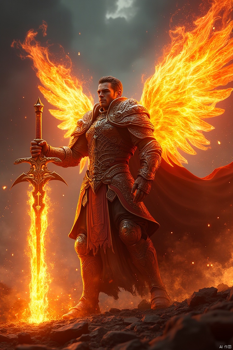 A noble paladin clad in ornate, intricately detailed armor, wielding a radiant sword engulfed in flames. The paladin stands heroically, with a majestic pair of fiery wings extending behind, creating a dynamic, epic composition. The scene is framed in a wide shot, capturing the full grandeur of the character and the fiery elements. The background features a dramatic, dark sky with glowing embers and sparks, enhancing the game CG atmosphere. The lighting is dramatic, with a strong spotlight on the paladin, casting bold shadows and highlighting the fiery details of the sword and wings.