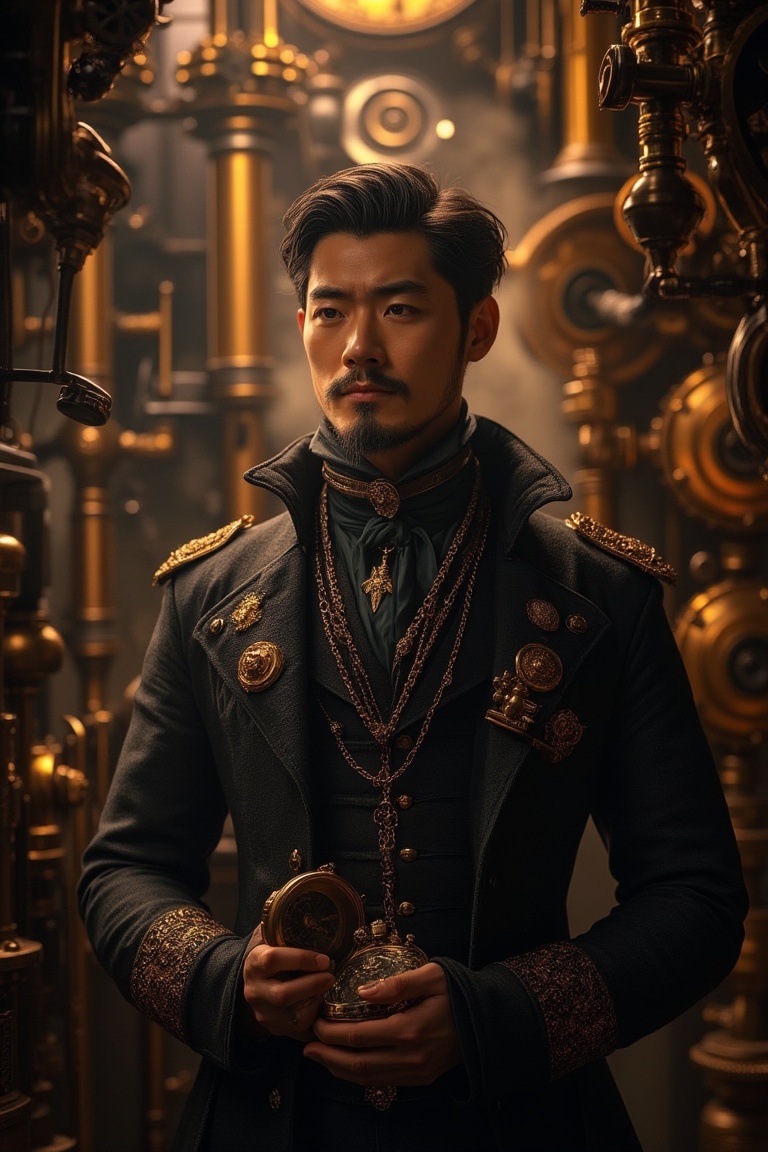 A steampunk ambience with a Korean-looking man standing in the foreground,  surrounded by intricate gears and brass machin...
