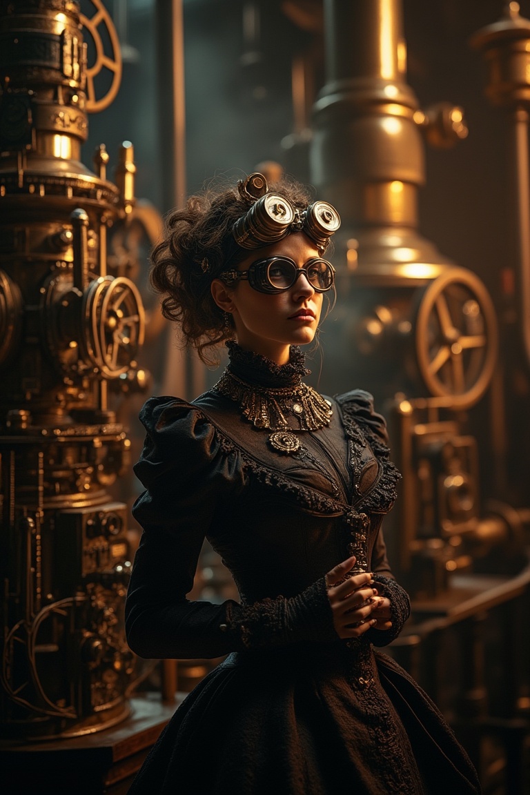 A steampunk ambience with a woman standing in the foreground,  surrounded by intricate gears and brass machinery. The scen...