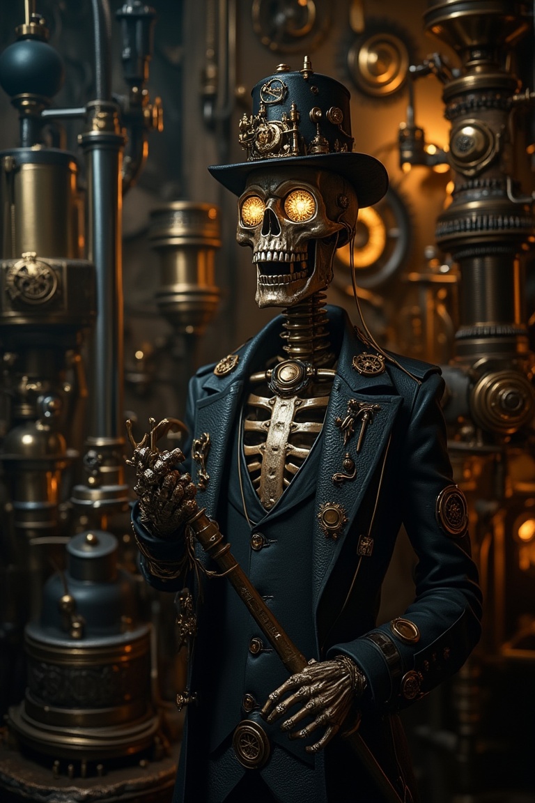 A steampunk ambience with a skeleton in the foreground,  surrounded by gears,  cogs on Tensor.Art
