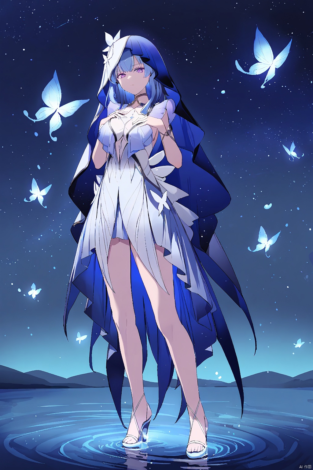 1girl, solo, breasts, looking at viewer, bangs, hair ornament, dress, medium breasts, closed mouth, blue hair, standing, purple eyes, full body, sky, water, white dress, high heels, night, bug, hand on own chest, butterfly, star \(sky\), night sky, veil, starry sky,