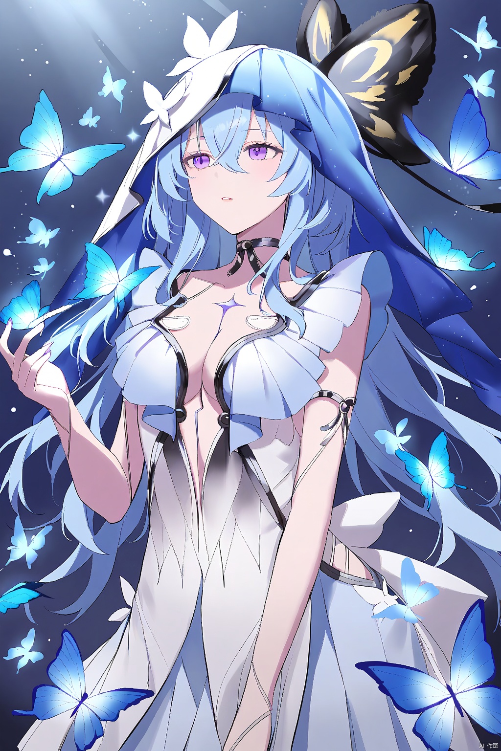 1girl, solo, long hair, breasts, bangs, hair ornament, dress, cleavage, hair between eyes, medium breasts, blue hair, purple eyes, parted lips, alternate costume, choker, white dress, bug, butterfly, veil, blue butterfly, 