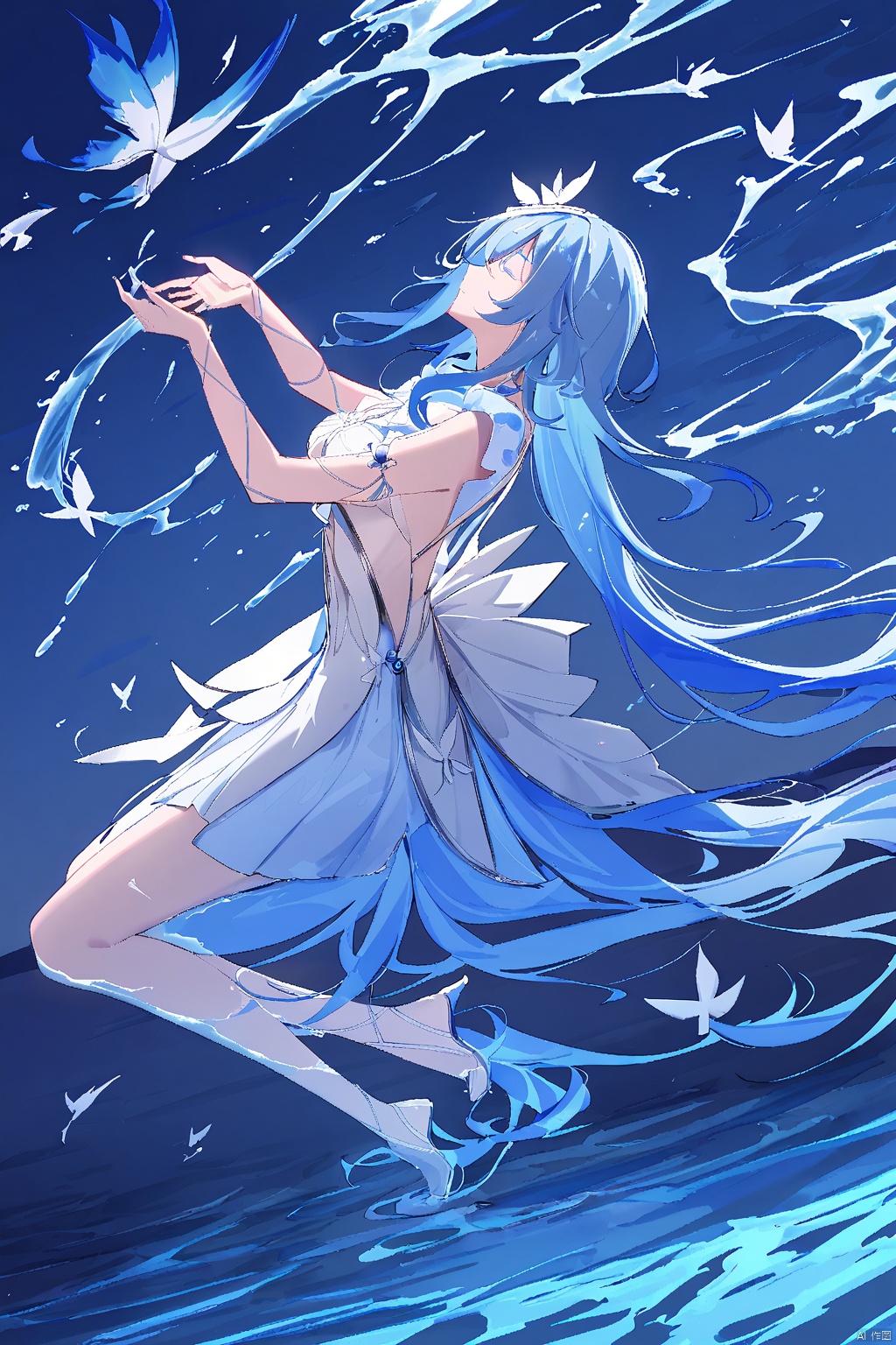 1girl, solo, long hair, breasts, blue eyes, dress, very long hair, blue hair, full body, closed eyes, multicolored hair, water, white dress, high heels, from side, floating, absurdly long hair