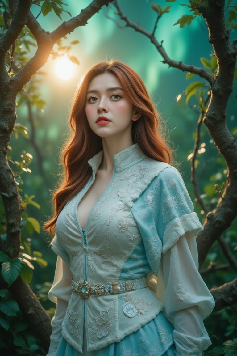 A whimsical scene unfolds: A young woman with fiery red locks and bright green eyes stands confidently in front of a mysti...
