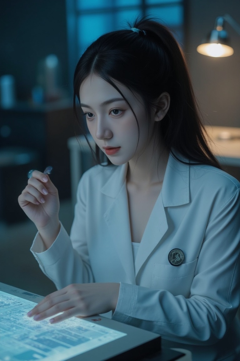 In a dimly lit,  run-down cybernetics clinic,  a striking young Asian woman on Tensor.Art