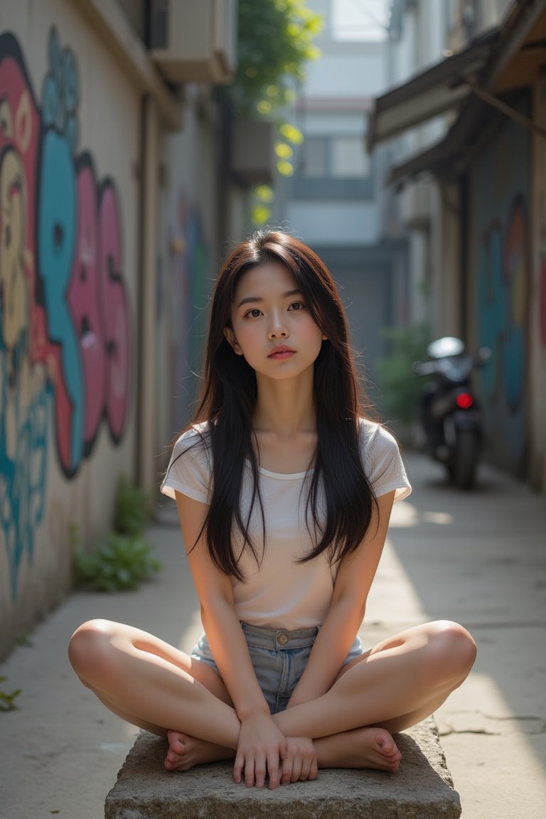 A Vietnamese young girl,  with long black hair and bright brown eyes,  sits cross-legged on a worn stone bench on Tensor.Art