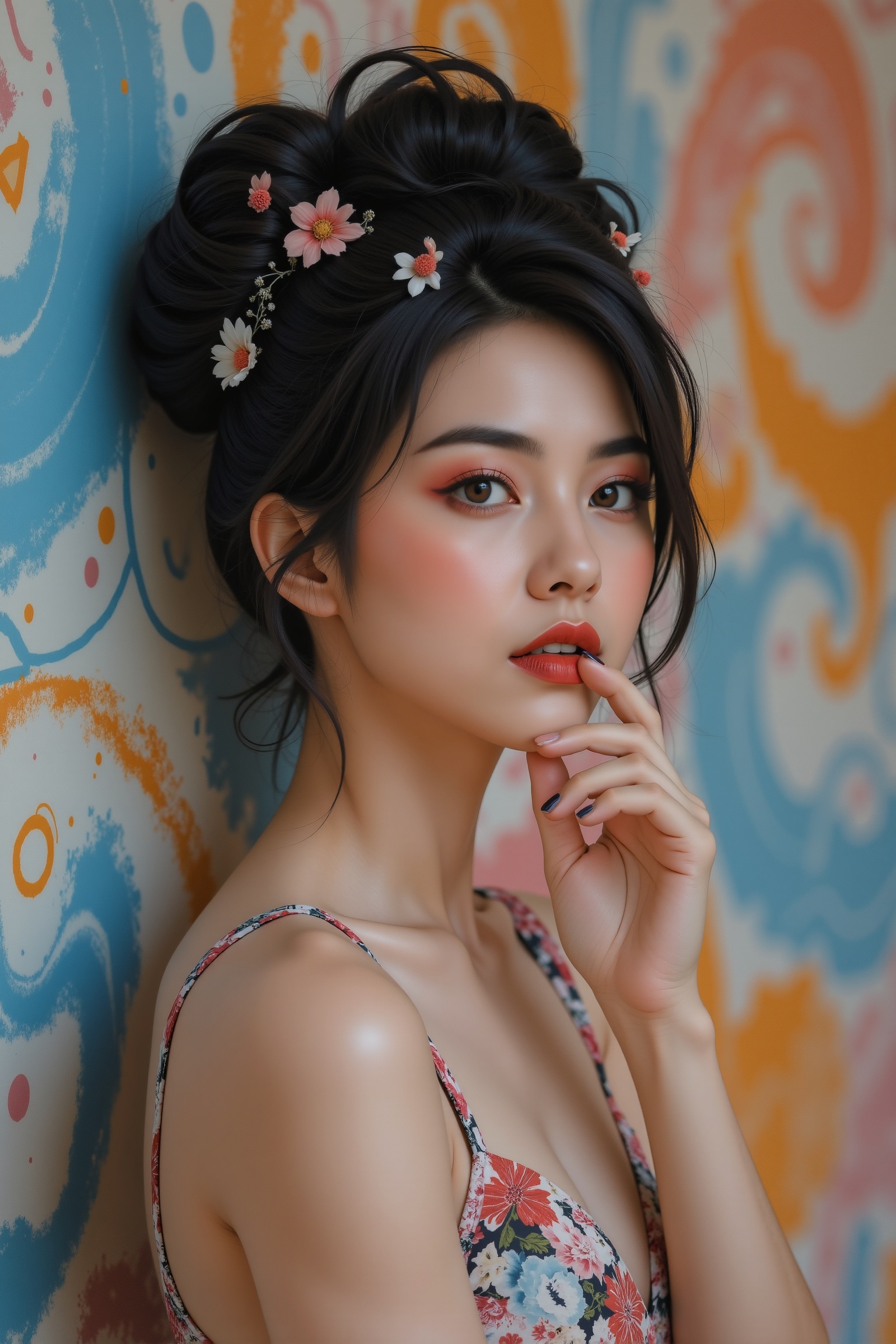 Whimsical young woman with an avant-garde appearance poses against a dynamic backdrop of swirling brushstrokes and vibrant...