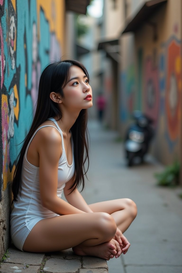 A Vietnamese young girl,  with long black hair and bright brown eyes,  sits cross-legged on a worn stone bench on Tensor.Art