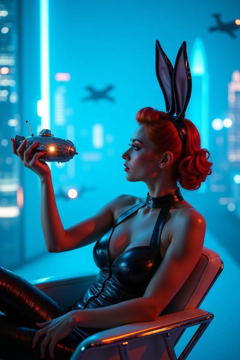 A moody,  intimate shot. The Canon EOS 60D frames sultry bunnygirl posing in a retro-futuristic setting,  surrounded by sc...