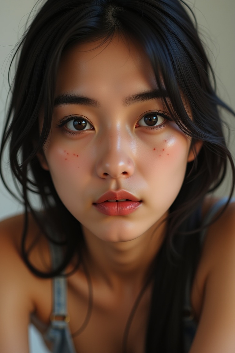 A close-up shot captures the determined gaze of a high school-aged Asian woman,  her eyes locked intensely on some unseen...