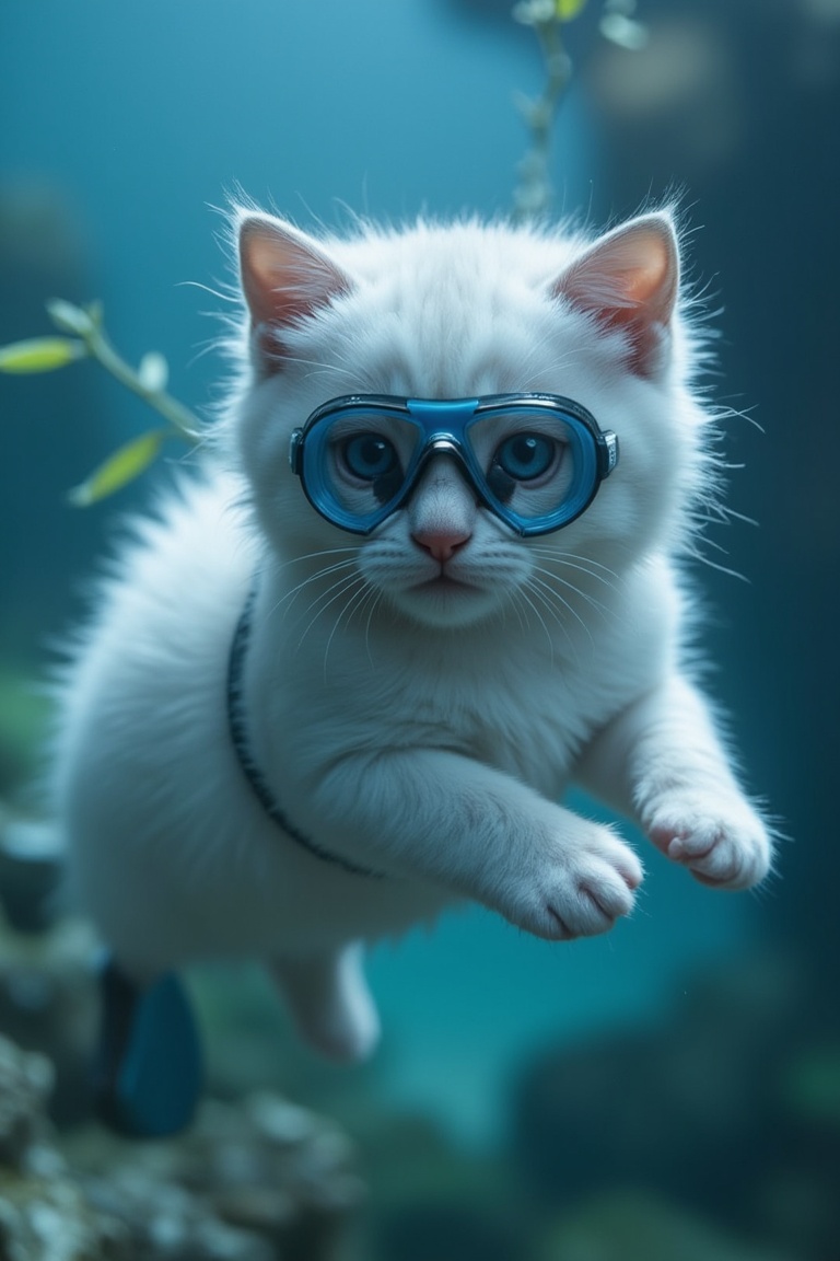cinematic film still ((BBC Style)) picture of a cute white baby kitten mobster in (wildlife) ,  swimming in the ocean unde...
