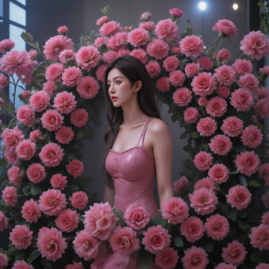 A stunning woman stands within a lush flower store,  looking nowhere,  her beauty eclipsed only by the vibrant bouquet of...