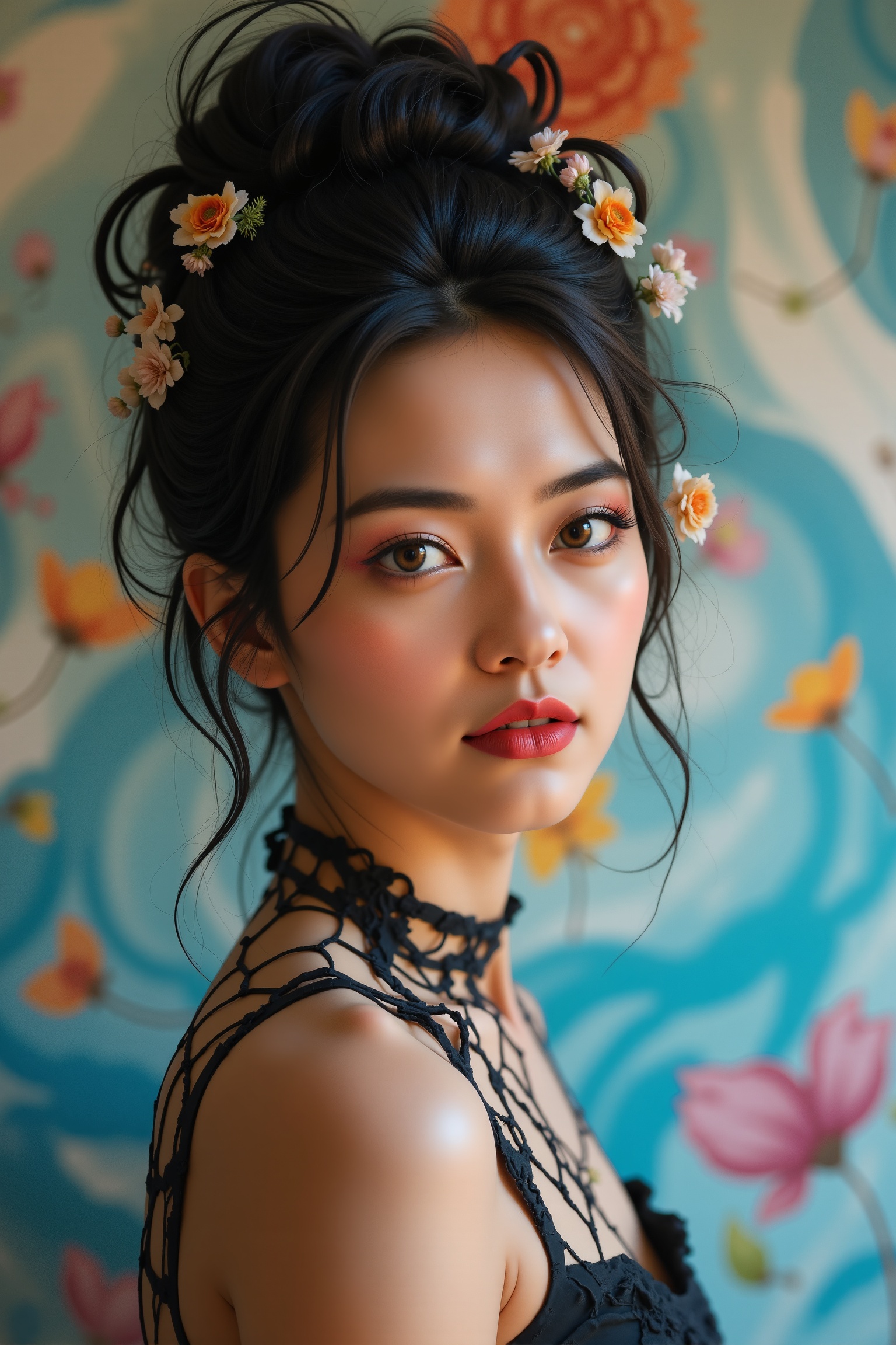 Whimsical young woman with an avant-garde appearance poses against a dynamic backdrop of swirling brushstrokes and vibrant...