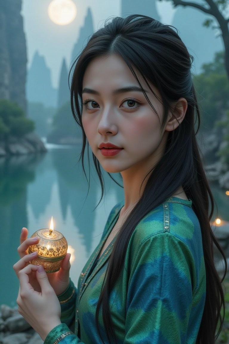 A young woman with porcelain skin and striking emerald green eyes,  her dark brown hair styled in loose,  effortless waves...
