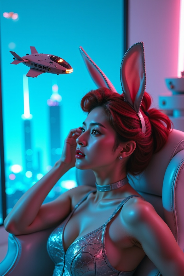 A moody,  intimate shot. The Canon EOS 60D frames sultry bunnygirl posing in a retro-futuristic setting,  surrounded by sc...