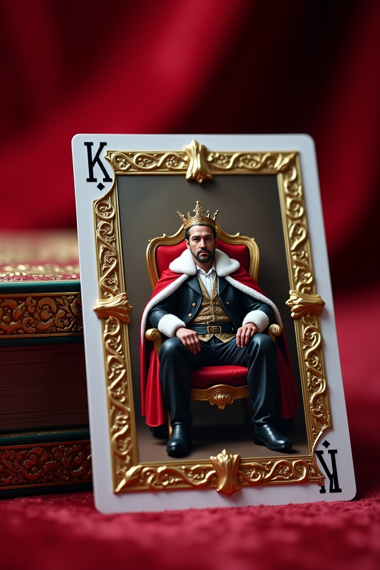 Close-up shot of a uniquely crafted playing card featuring an impressively personalized design for the King character. The...