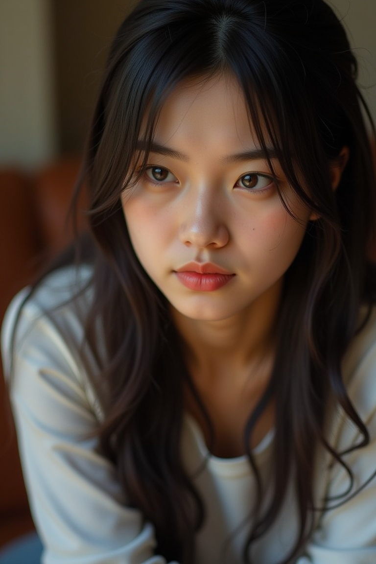 A close-up shot captures the determined gaze of a high school-aged Asian woman,  her eyes locked intensely on some unseen...