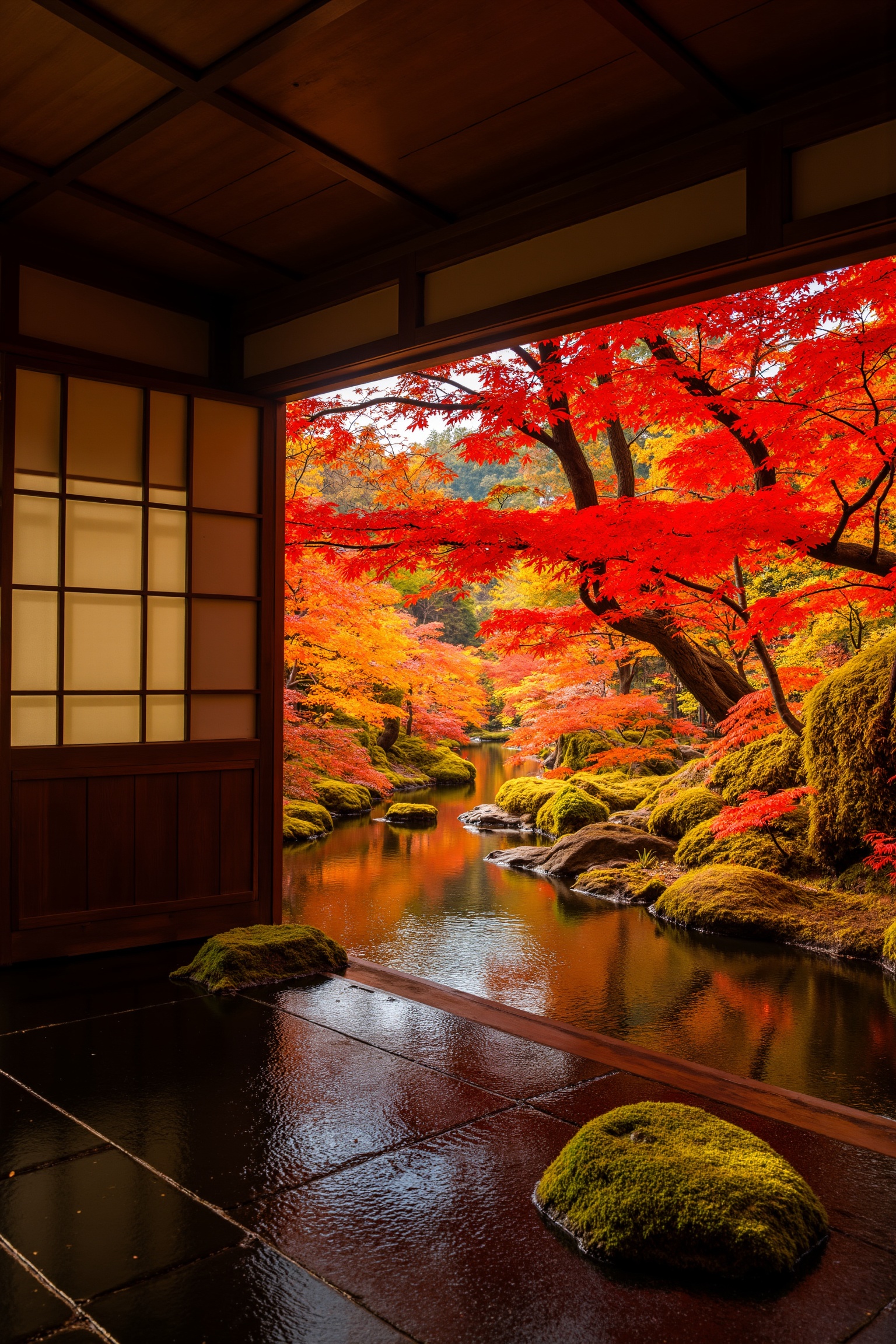 A traditional Japanese room with a partially open sliding glass door,  soft natural light illuminating the glossy black ti...