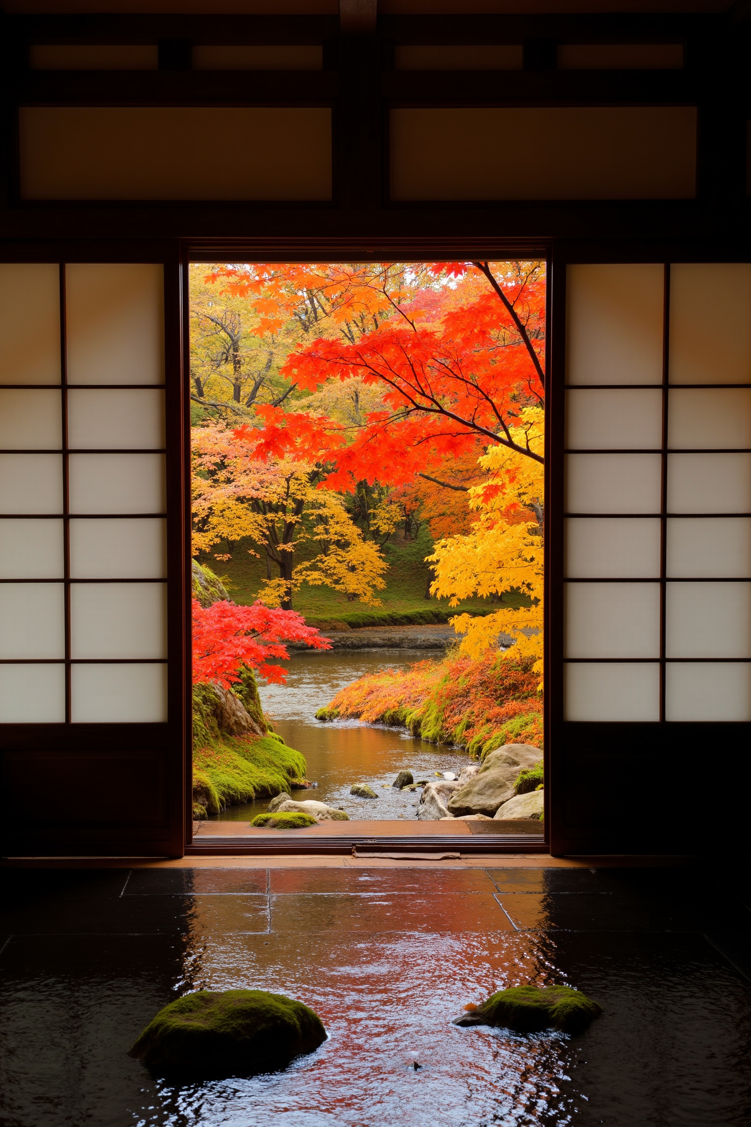 A traditional Japanese room with a partially open sliding glass door,  soft natural light illuminating the glossy black ti...